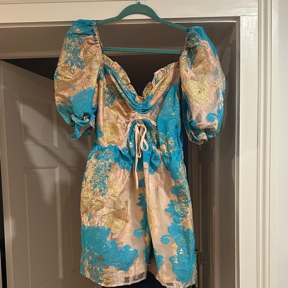 Buddy Love Blue and Gold Puff Sleeve Blouse